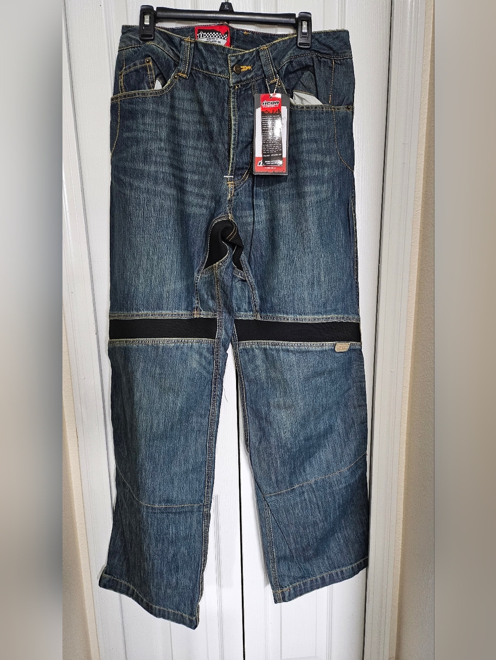 Icon Victory Motorcycle Jeans Mens 34 Blue Denim Riding Pants Armored Biker Stra - Picture 2 of 16